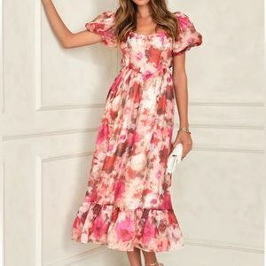 VICI Last Dance Floral Corset Puff Sleeve Midi Dress